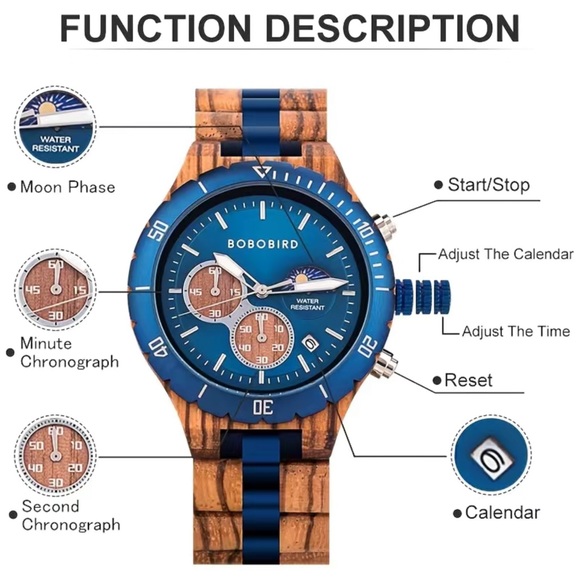 Luxury Zebra Wood Blue Chronograph Military Quartz Watch - Picture 15 of 16